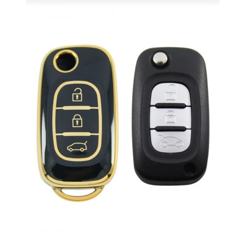 Renault Megane 3 Fluence 3 Buton Sustalı Nano Anahtar Kılıfı Siyah Gold Altın Renk